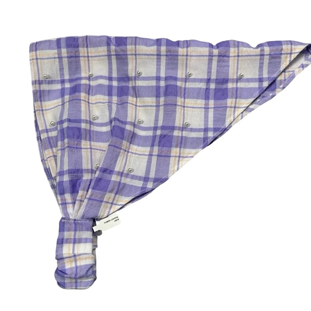 New Anthropologie Purple Plaid Pearl Embellished Hair Scarf